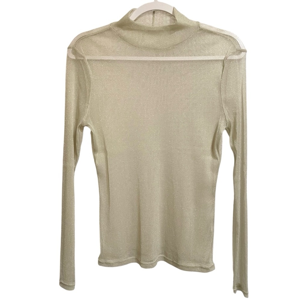 Champagne Very Stretchy Sheer Sparkle Mock Neck Long Sleeve Top OSFM